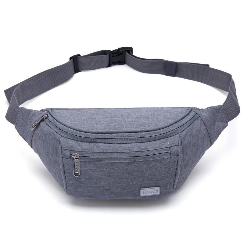 gray nylon waist bag with front zip pocket metal puller adjustable gray belt and front logo plate