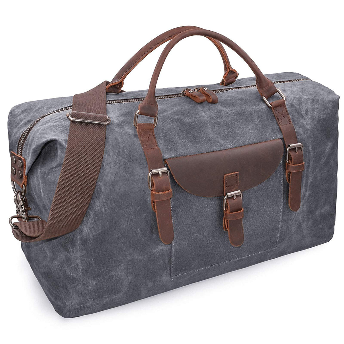 gray waxed canvas mens travel bag with brown leather trim front pocket and shoulder strap
