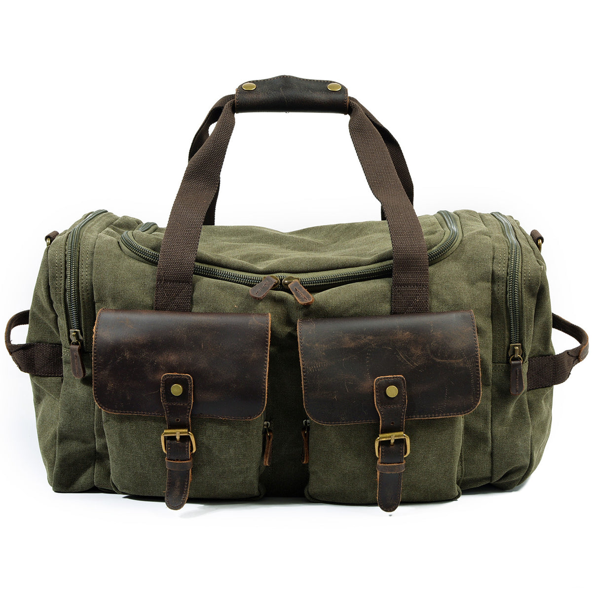 green canvas weekend travel bag with brown leather front pockets handles and vintage hardware