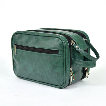 green pu leather travel toiletry bag with zipper compartments and handle