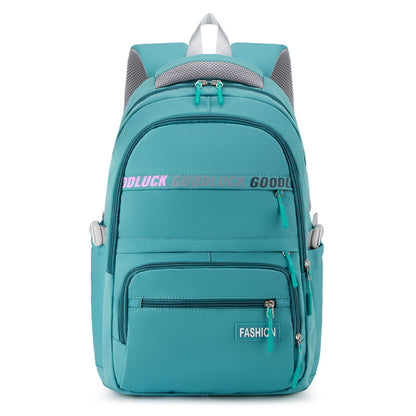 green school backpack front with large storage space for school and travel