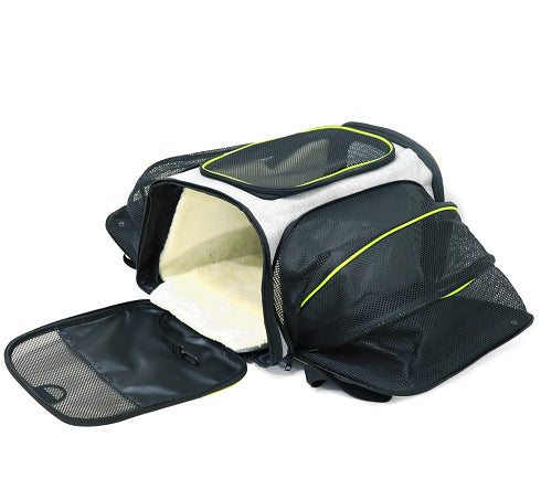 green trim expandable pet travel bag with fold out mesh sections