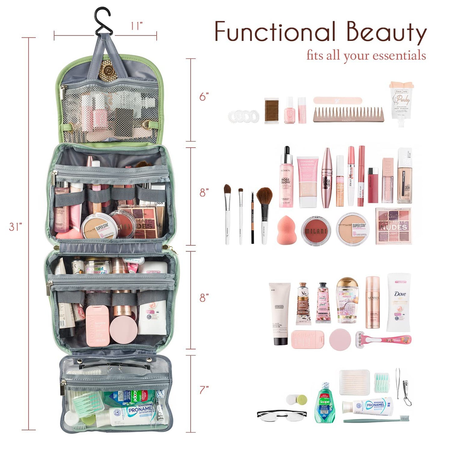 Foldable hanging travel makeup bag with hook and organized cosmetic storage compartments