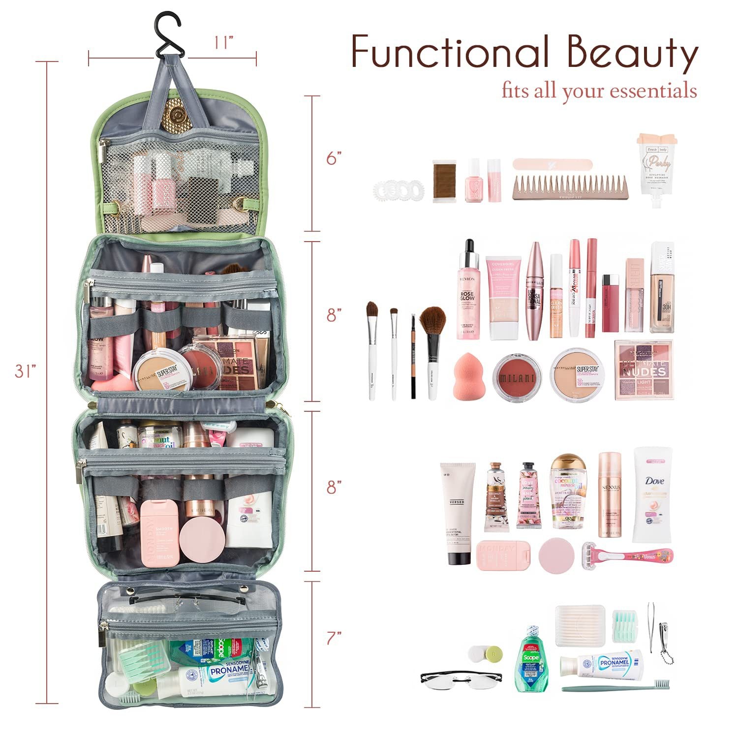 Foldable hanging travel makeup bag with hook and organized cosmetic storage compartments