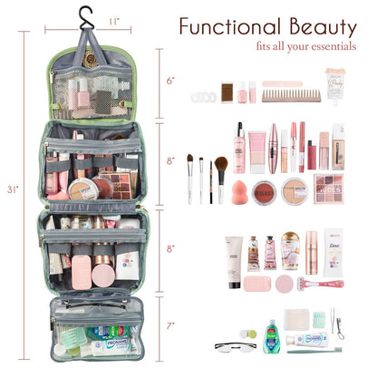 Foldable hanging travel makeup bag with hook and organized cosmetic storage compartments