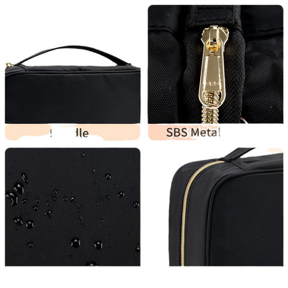 black hanging travel toiletry bag with multiple compartments detail