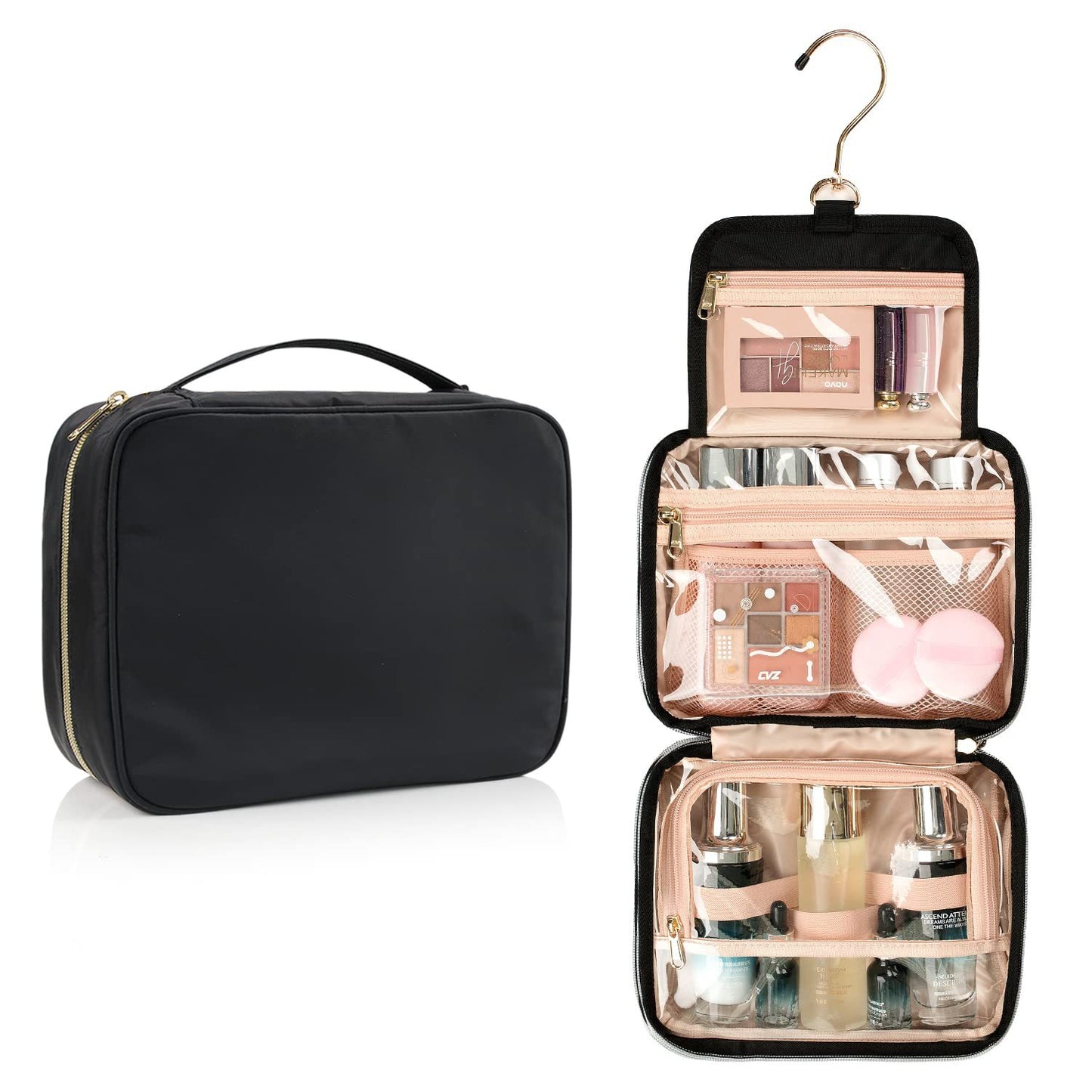 black hanging travel toiletry bag with multiple compartments