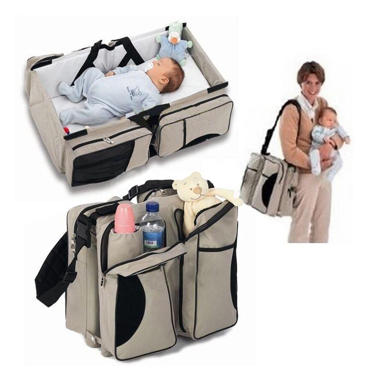 khaki foldable baby bassinet diaper bag with changing station