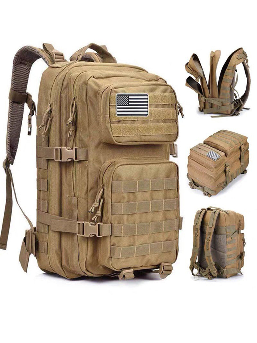 khaki tactical backpack multiple views showing molle storage and shoulder straps