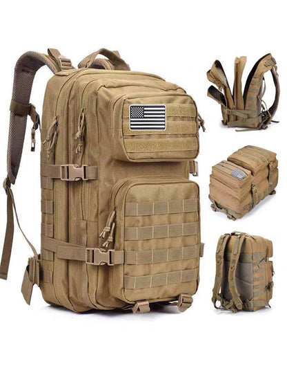 khaki tactical backpack multiple views showing molle storage and shoulder straps