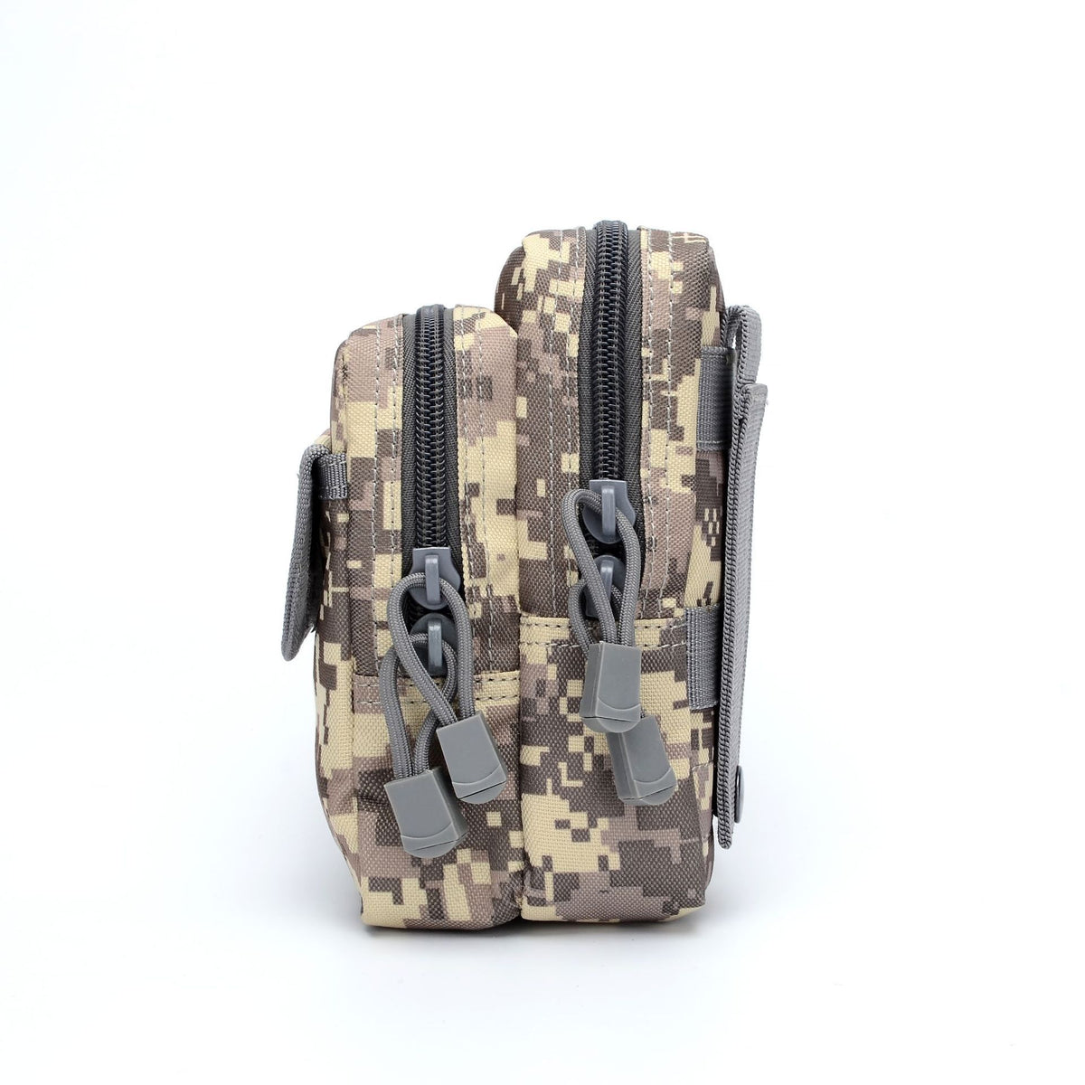 khaki waist bag pack side view showing layered zippered compartments and compact multi-pocket construction