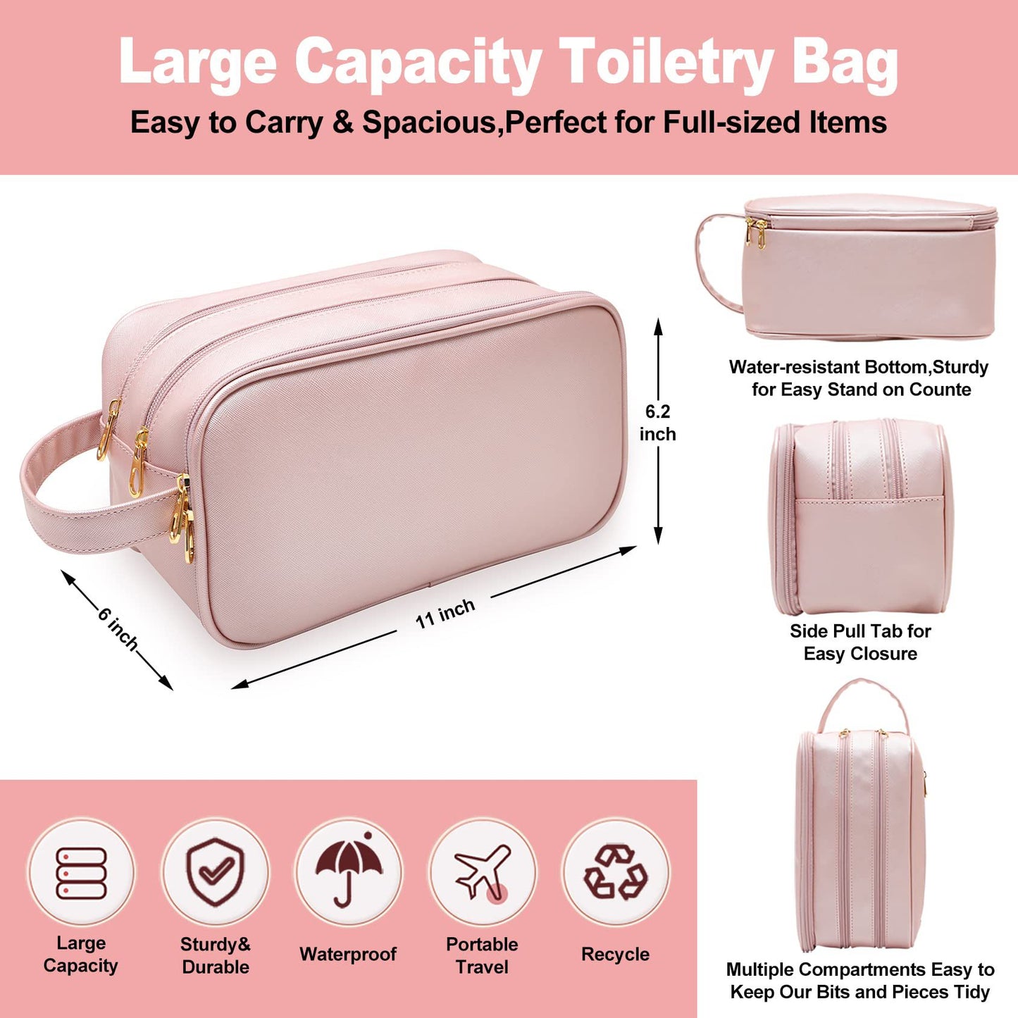 large capacity toiletry bag size details with multiple compartments