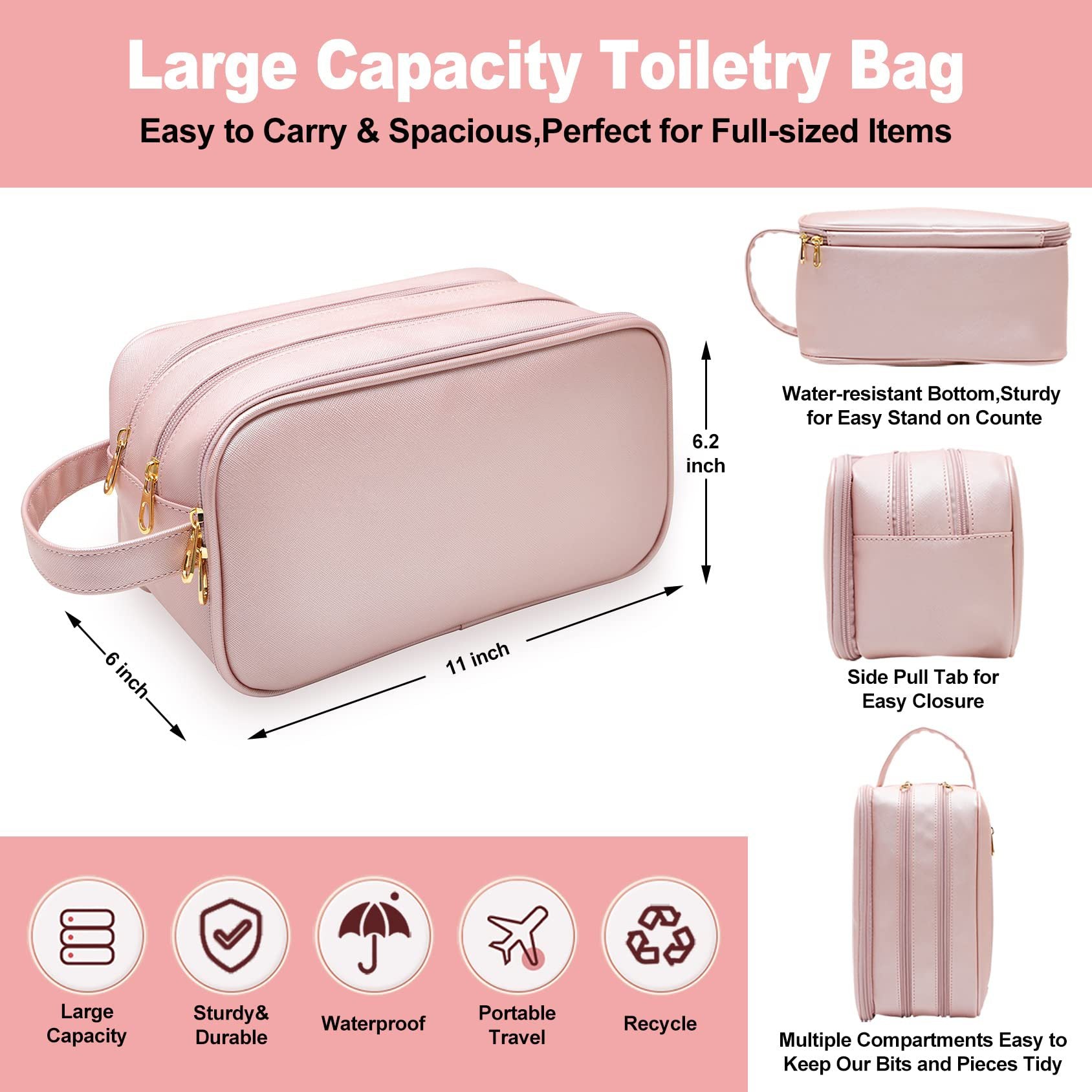 large capacity toiletry bag size details with multiple compartments