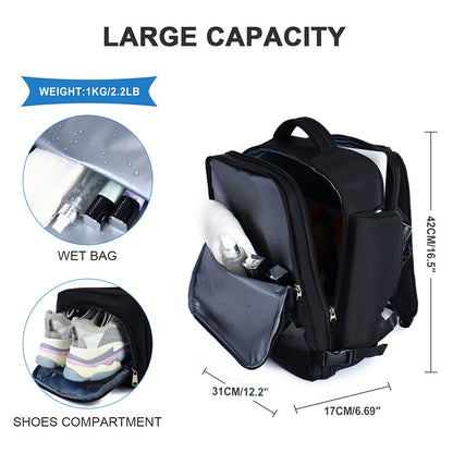 large capacity travel backpack with shoe compartment and wet bag storage