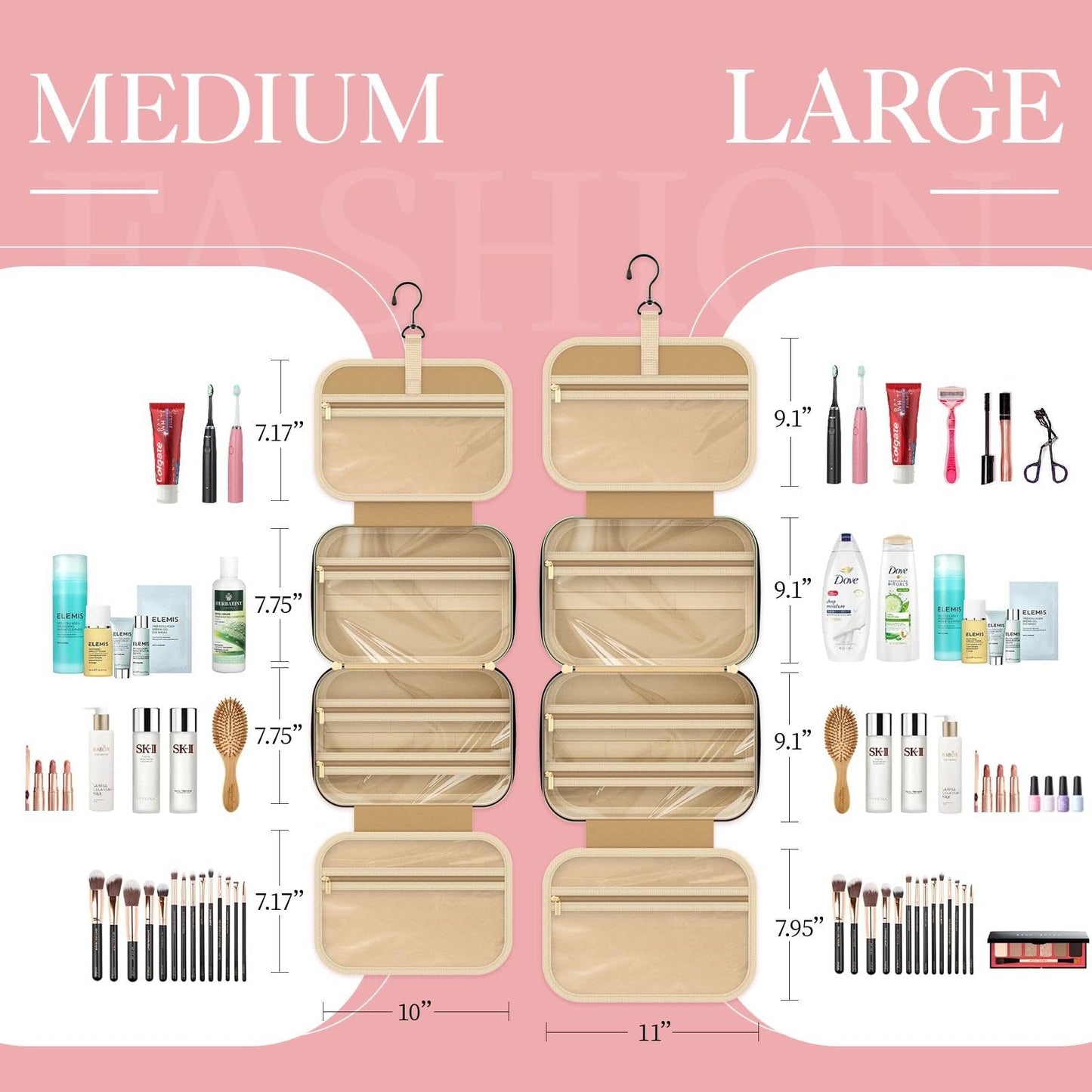 large toiletry bag size and capacity with organized compartments for beauty essentials