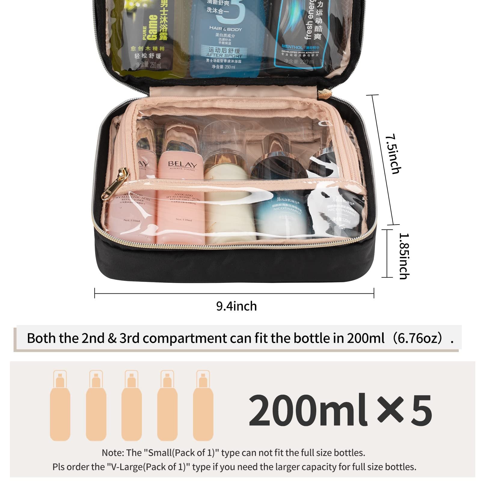 large travel toiletry bag storing 200ml bottles and skincare products