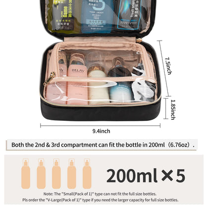 large travel toiletry bag storing 200ml bottles and skincare products
