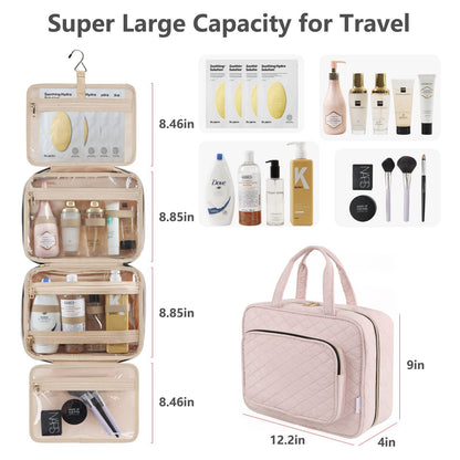 large travel toiletry bag with multiple compartments for skincare cosmetics and toiletries