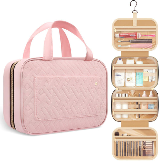 lay flat cosmetic bag with multiple layers for skincare makeup and toiletry storage