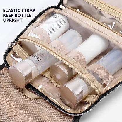 travel toiletry bag with elastic straps to keep bottles upright