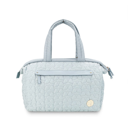 light blue quilted diaper bag with large capacity and elegant embroidery pattern