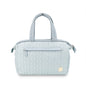 light blue quilted diaper bag with large capacity and elegant embroidery pattern