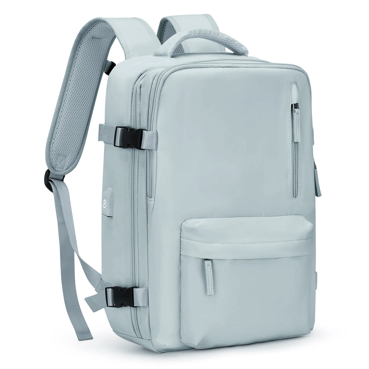 light blue travel backpack with padded shoulder straps back panel and side compression buckles