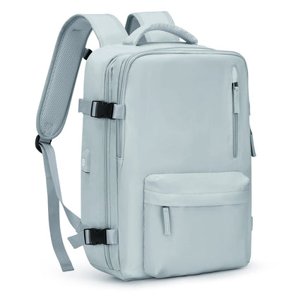 light blue travel backpack with padded shoulder straps back panel and side compression buckles