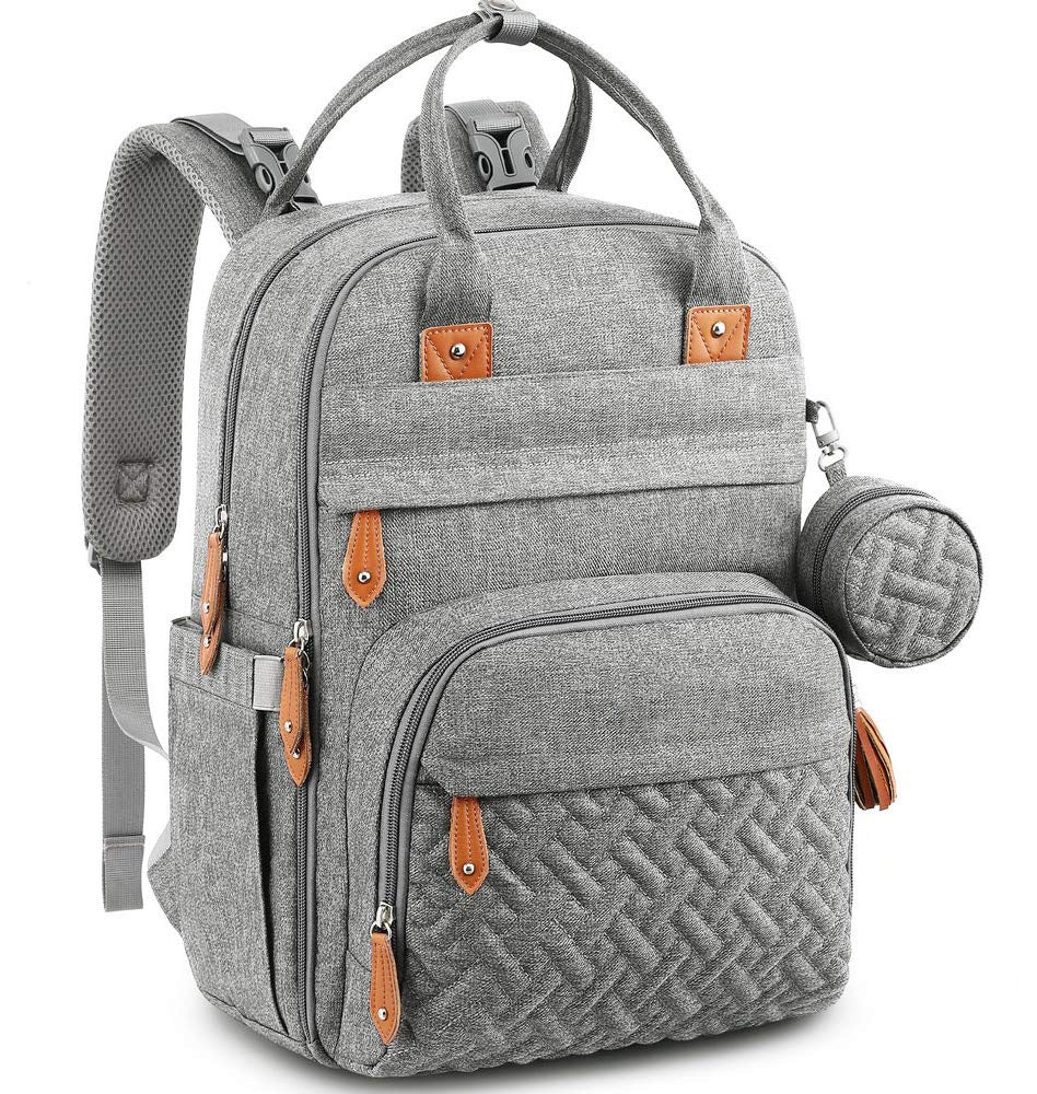 light gray backpack diaper bag with multiple pockets and baby care storage