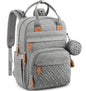 light gray backpack diaper bag with multiple pockets and baby care storage