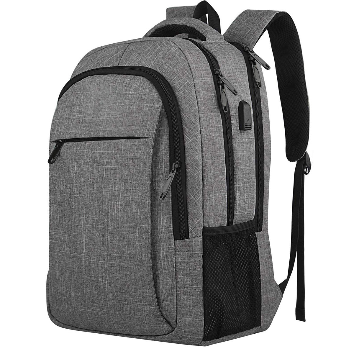 light gray business backpack with organized laptop storage front compartments and breathable shoulder straps