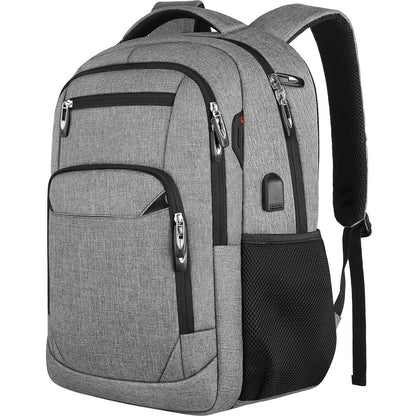 light gray business travel backpack with laptop compartment