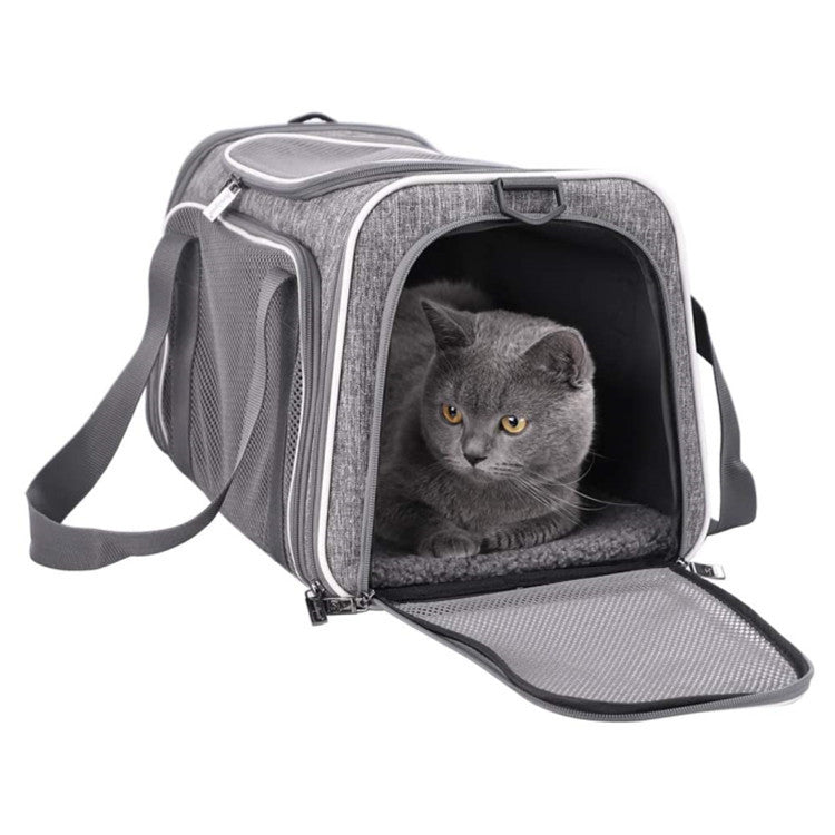 light gray pet travel bag for cats with front mesh opening
