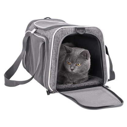 light gray pet travel bag for cats with front mesh opening