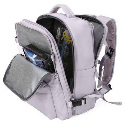 light purple expandable backpack with separated travel storage and front packing compartment