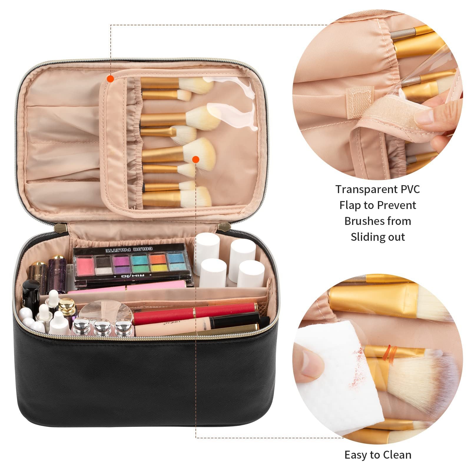 makeup brush bag with elastic slots and cosmetic storage compartments