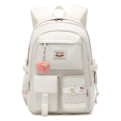 milky white college backpack with pink fur ball accessory and organized front storage