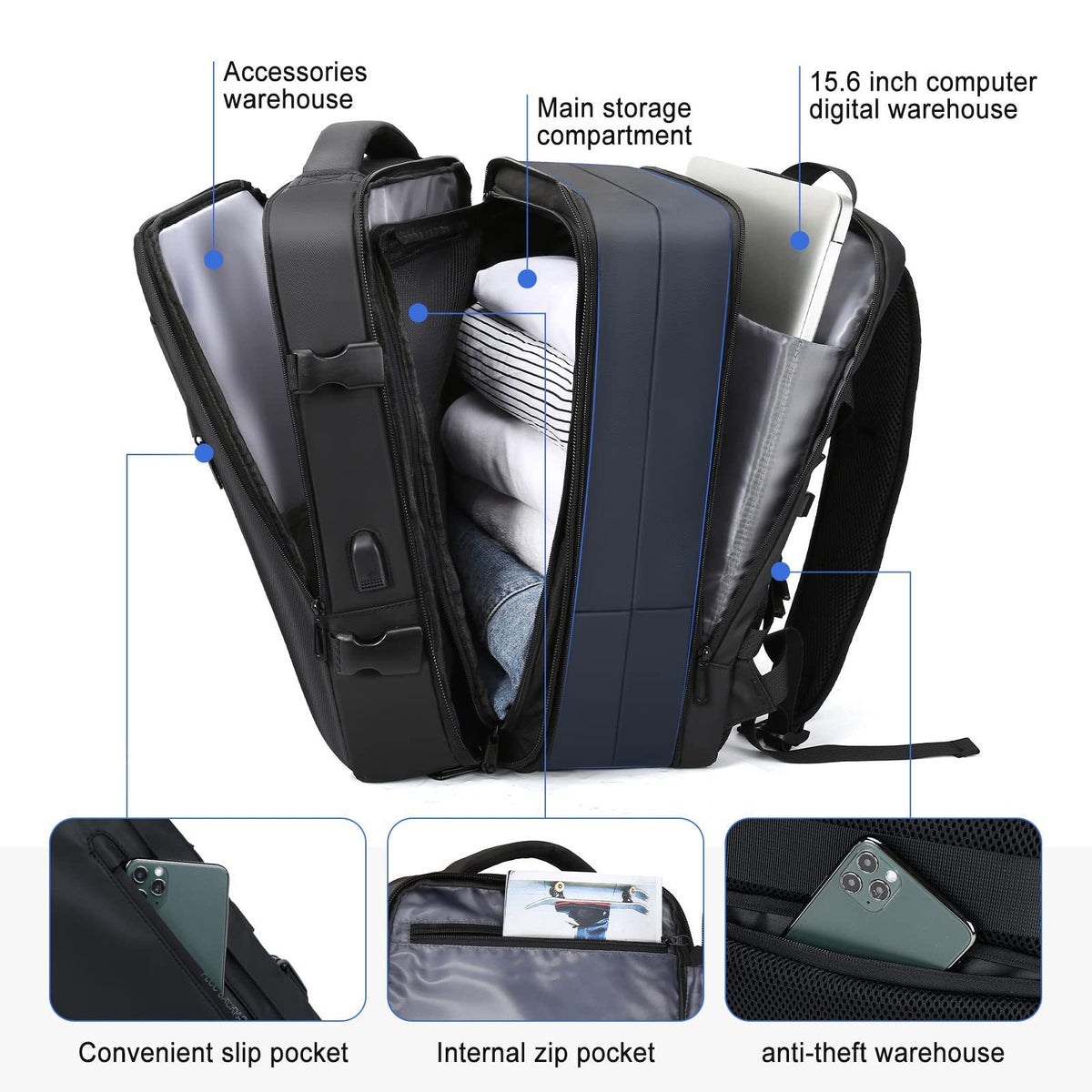 multi-compartment laptop backpack with 15.6 inch computer section main storage accessory compartment and anti-theft pocket