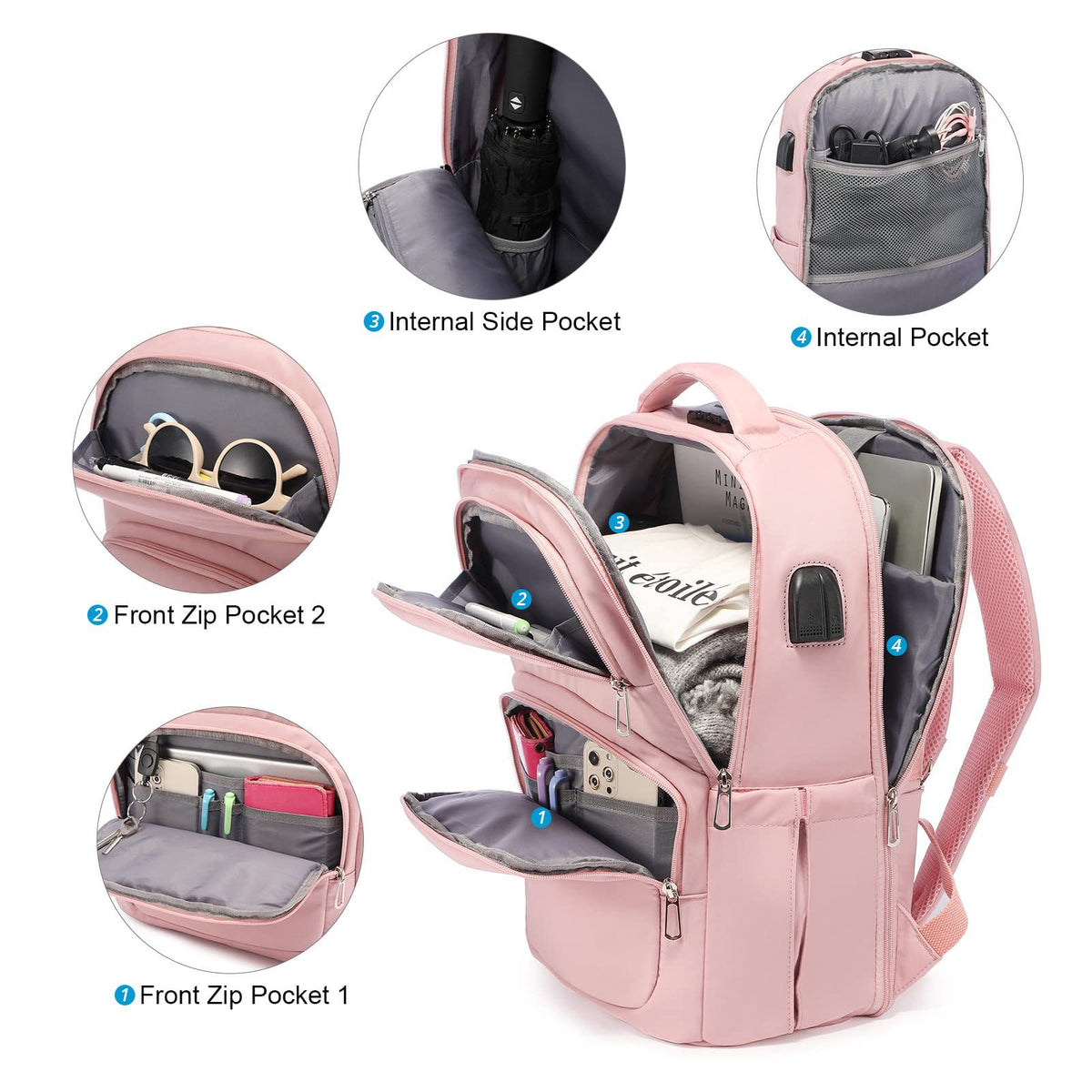 multi compartment travel backpack with laptop storage and accessory pockets