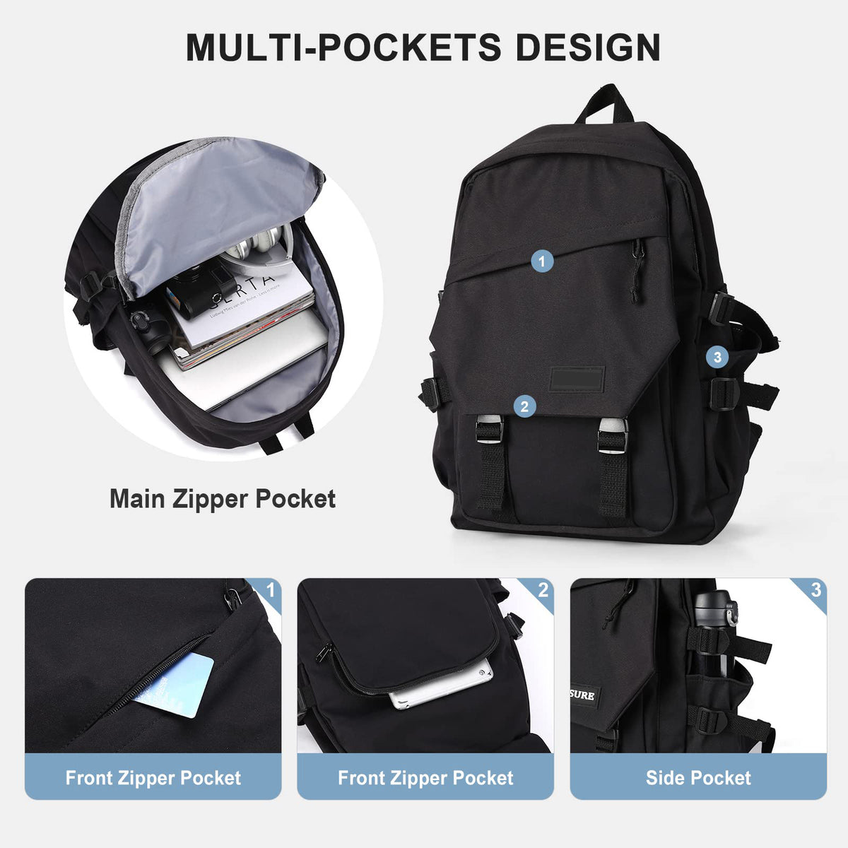 multi pocket school backpack with laptop compartment