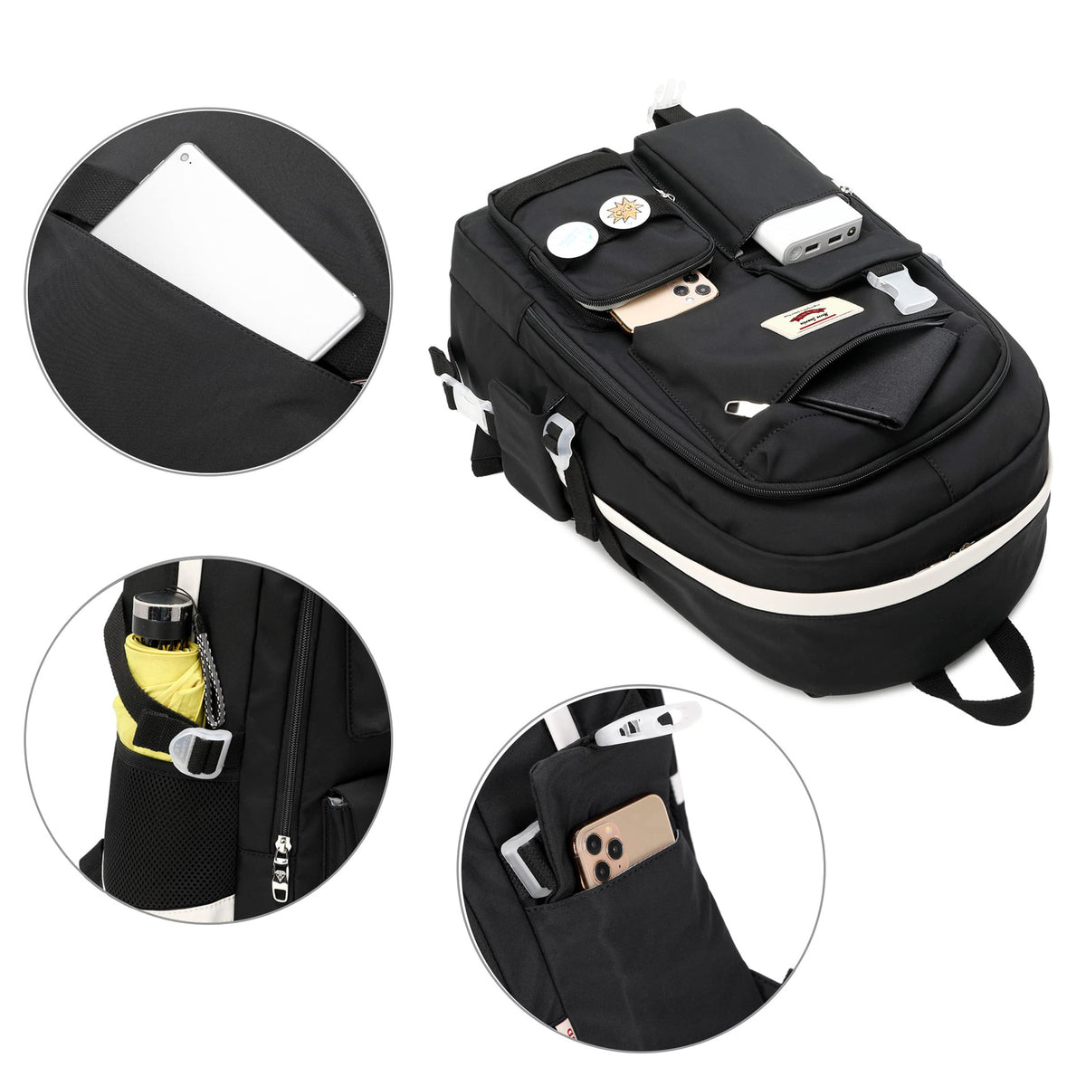 multi-pocket school backpack with separate front storage side bottle pocket and small item compartments