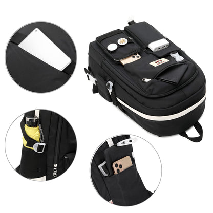 multi-pocket school backpack with separate front storage side bottle pocket and small item compartments