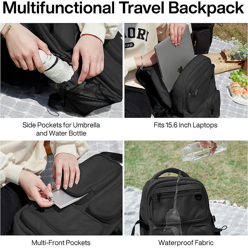 multifunctional travel backpack with laptop compartment and side bottle pocket