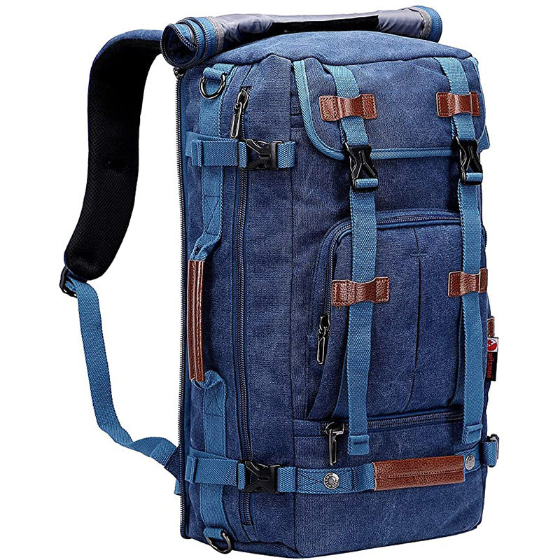 navy blue canvas travel backpack with multifunctional carrying design