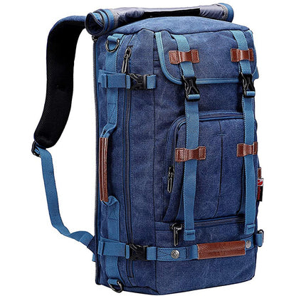 navy blue canvas travel backpack with multifunctional carrying design