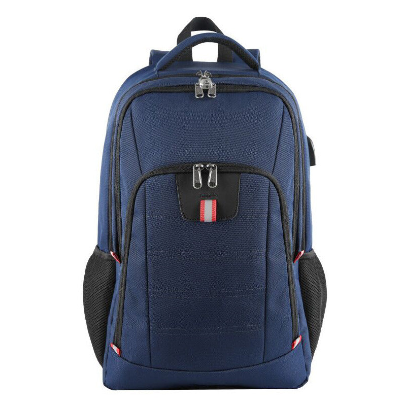 navy blue office tech pack with multiple zip compartments and side storage