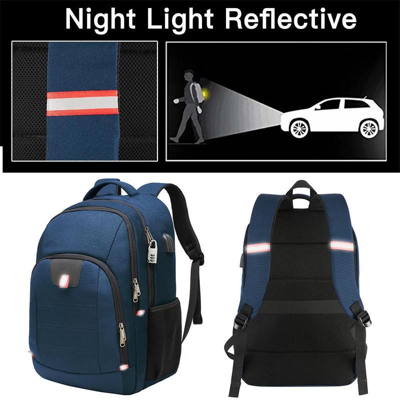 work backpack with reflective shoulder strap accents shown under night lighting