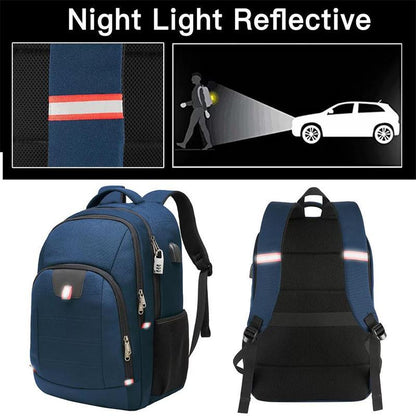 work backpack with reflective shoulder strap accents shown under night lighting