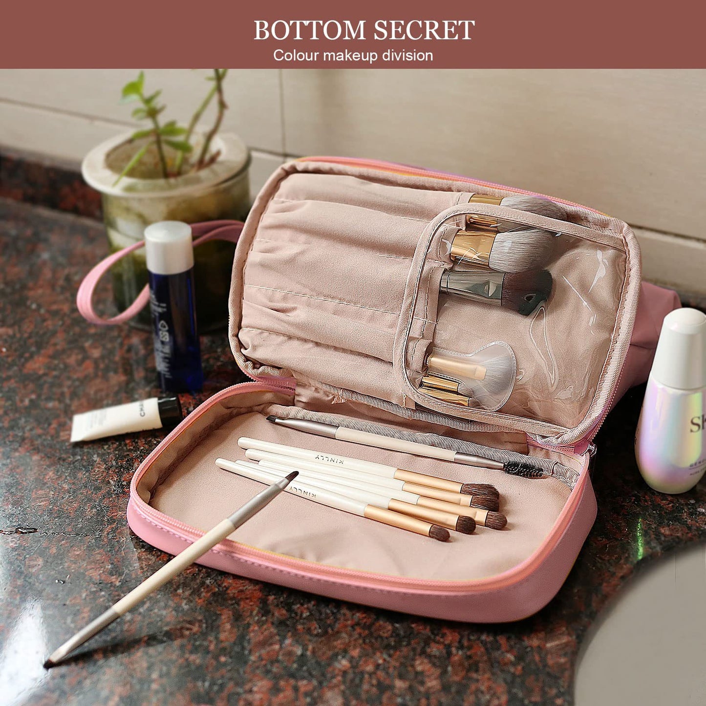 open flat travel makeup bag with separated brush storage