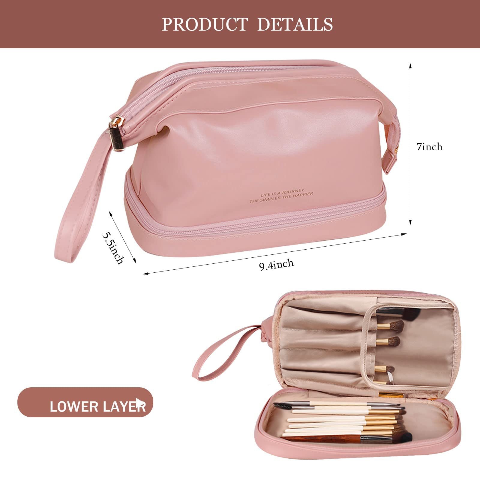 open flat travel makeup bag with separated brush storage